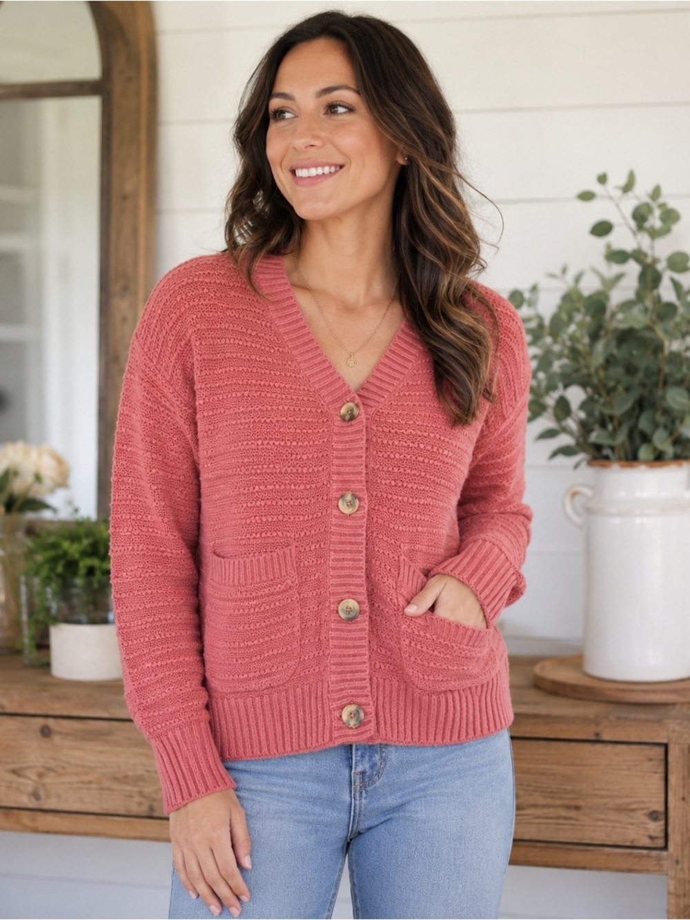 Sonoma Goods for Life Chunky Knit V-Neck Cardigan Salmon Mauve Small
